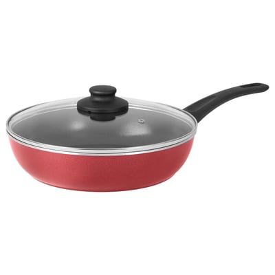 Red BAKÅTVOLT pan: round shape, black handle, glass lid, non-stick ceramic coating.