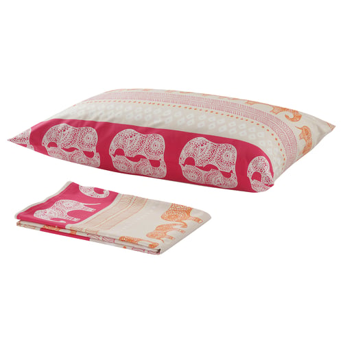 Two red bedding items with white elephant patterns, folded neatly. One rectangular, one folded smaller.