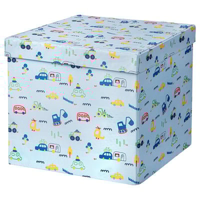 Blue BARNDRÖM toy box with vehicles, recycled materials, zip.