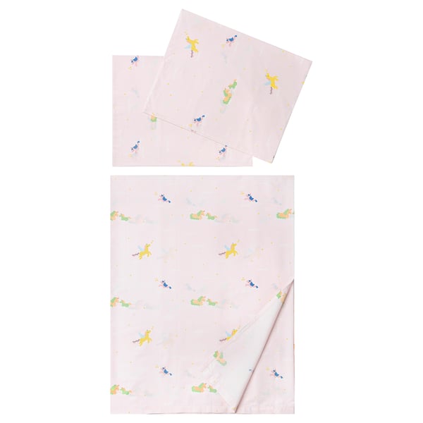 Pink BARNDRÖM kids bed sheet set, cotton & lyocell, with flying unicorn print.