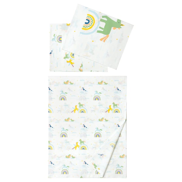 A white BARNDRÖM bedsheet and pillowcase with colourful rainbow and unicorn designs, made from a soft cotton and lyocell blend.