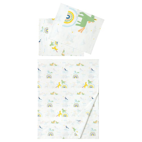 A white BARNDRÖM bedsheet and pillowcase with colourful rainbow and unicorn designs, made from a soft cotton and lyocell blend.