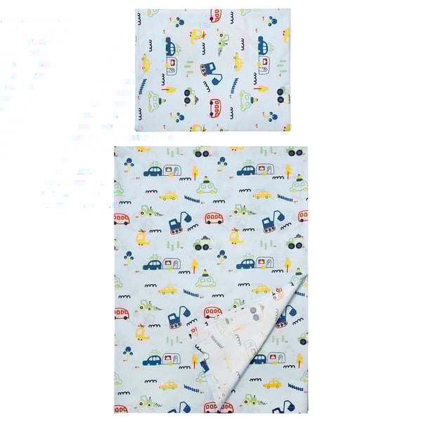 BARNDRÖM Flat sheet and pillowcase, blue/vehicles/roads pattern, 150x250/50x80 cm