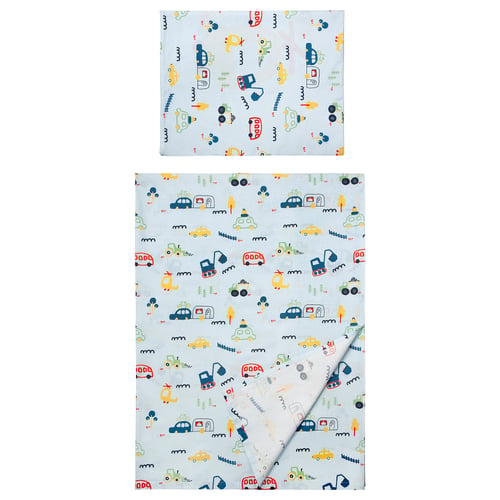 BARNDRÖM Flat sheet and pillowcase, blue/vehicles/roads pattern, 150x250/50x80 cm