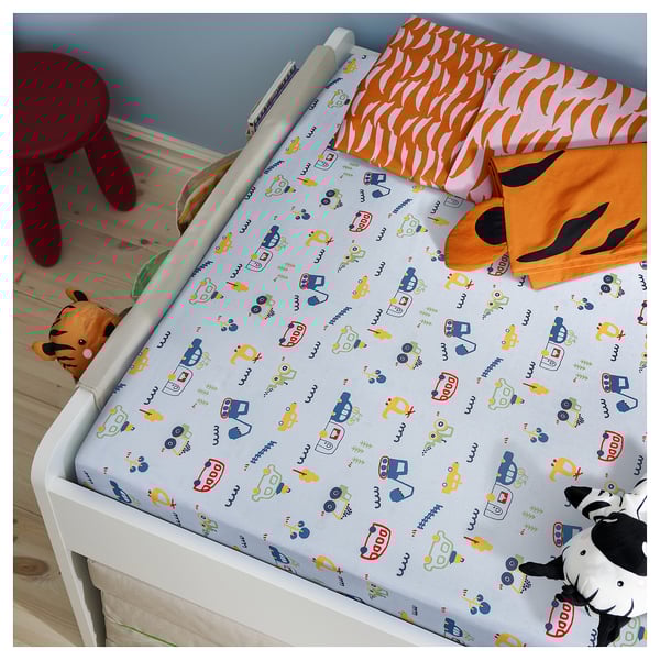 BARNDRÖM Flat sheet and pillowcase, blue/vehicles/roads pattern, 150x250/50x80 cm