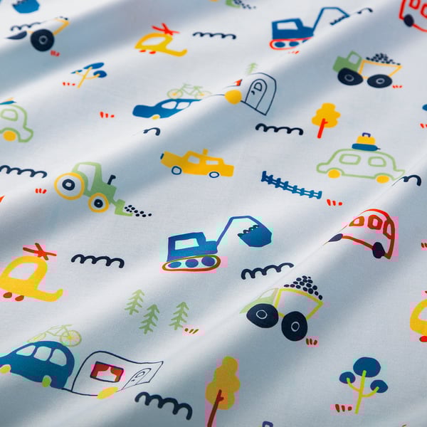 BARNDRÖM Flat sheet and pillowcase, blue/vehicles/roads pattern, 150x250/50x80 cm
