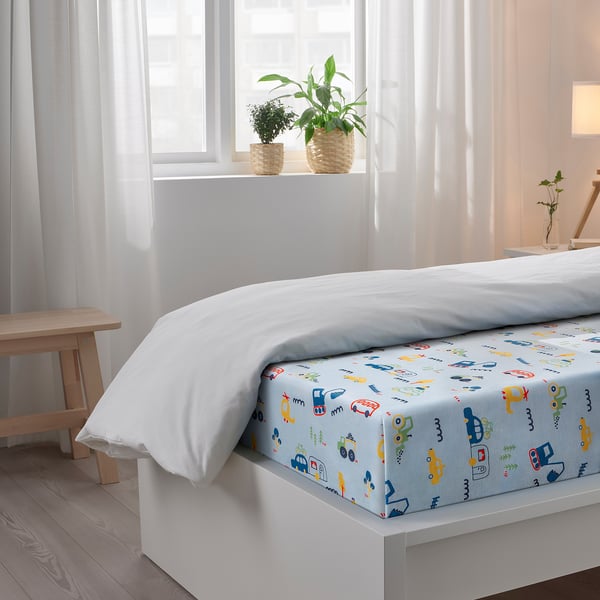 BARNDRÖM Flat sheet and pillowcase, blue/vehicles/roads pattern, 150x250/50x80 cm