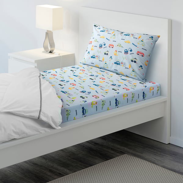 BARNDRÖM Flat sheet and pillowcase, blue/vehicles/roads pattern, 150x250/50x80 cm