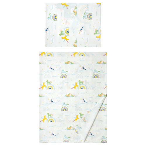 BARNDRÖM: two kids bed sheets, light blue with unicorns and rainbows, cotton and lyocell.