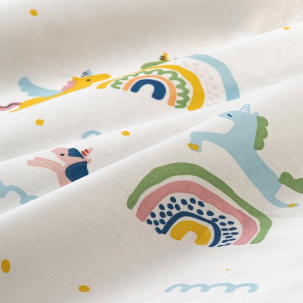 Colourful printed childrens bedding with unicorns and rainbows. Made from smooth, breathable cotton and lyocell fabric.