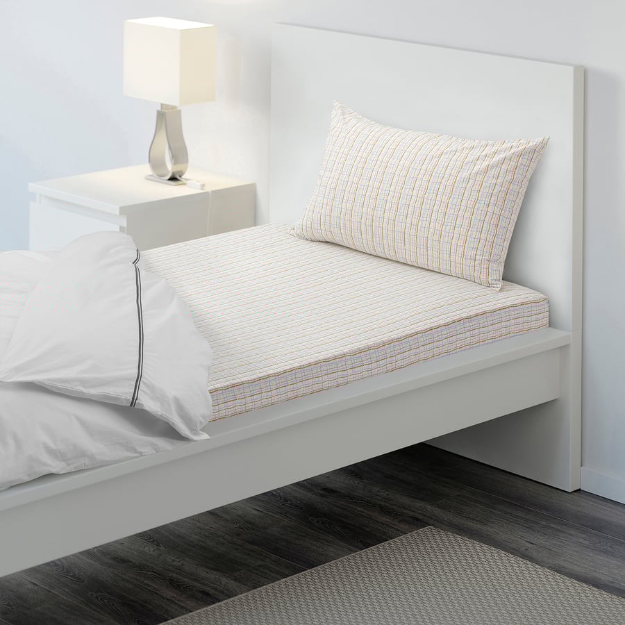 BEDYRA flat sheet and pillowcase, orange blue/check, 150x260/50x80 cm