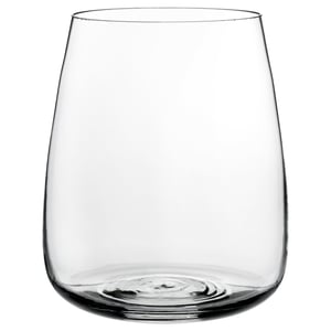 Clear glass vase, simple design, rounded shape.