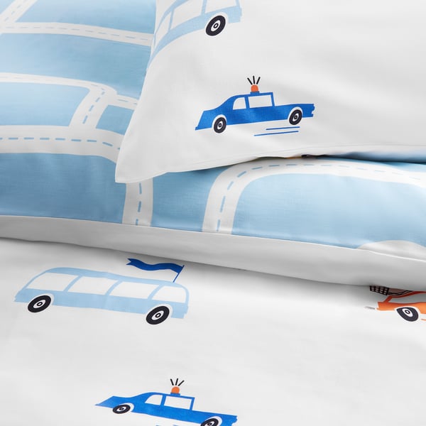 BERGFINK 3-piece bedlinen set with bag, multicolour vehicles/roads pattern, 150x200/50x80 cm
