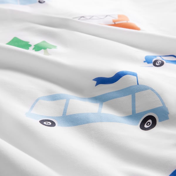 BERGFINK 3-piece bedlinen set with bag, multicolour vehicles/roads pattern, 150x200/50x80 cm