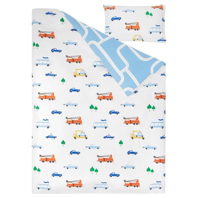 BERGFINK 3-piece bedlinen set with bag, multicolour vehicles/roads pattern, 150x200/50x80 cm