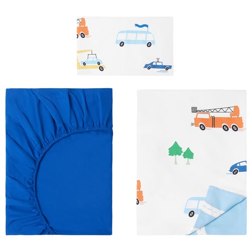 Displays BERGFINK bedding: a blue duvet cover and matching pillowcases with colourful vehicle prints, made from soft cotton.