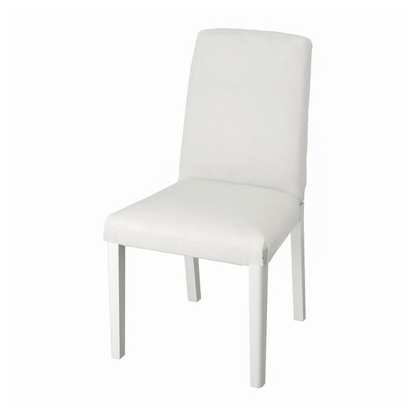 A white BERGMUND chair with a padded seat and back, supported by four rectangular legs.