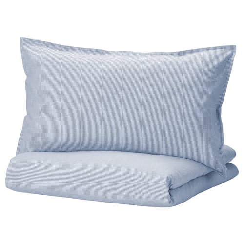 BERGPALM duvet set: light blue striped, rectangular, soft cotton with button closure.