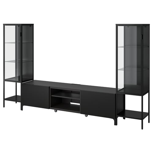 Modern black tv unit with glass doors, central open shelf, and glass cabinets. Sleek, minimalist design for living spaces.