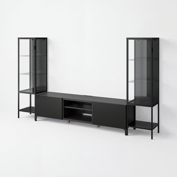 BESTÅ / RUDSTA TV/storage combination, black-brown/clear glass, 264x42x155 cm