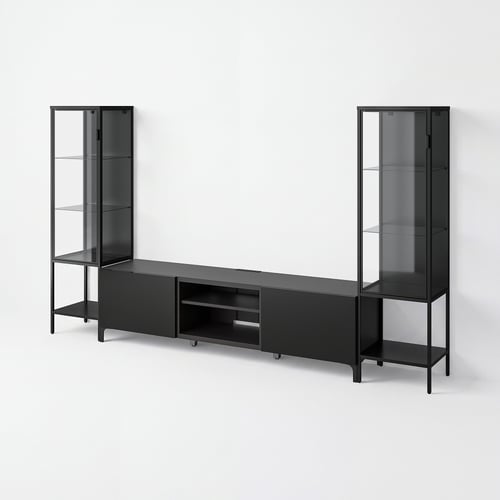 BESTÅ / RUDSTA TV/storage combination, black-brown/clear glass, 264x42x155 cm