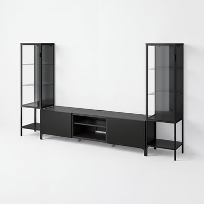 BESTÅ / RUDSTA TV/storage combination, black-brown/clear glass, 264x42x155 cm