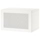 This is a white BESTÅ storage unit with a perforated metal door; rectangular, sleek design.