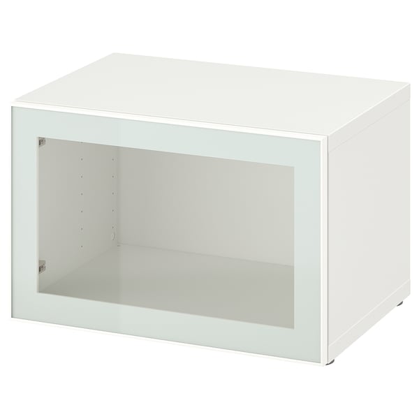White BESTÅ storage unit, rectangular, with clear glass door, sleek design.