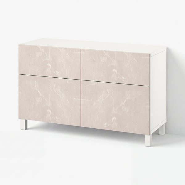 BESTÅ Storage combination w doors/drawers, white Bergsviken/Stubbarp/beige marble effect, 120x42x74 cm