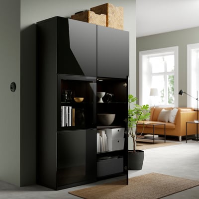 BESTÅ Storage combination w glass doors, black-brown/Selsviken high-gloss/black clear glass, 120x42x193 cm