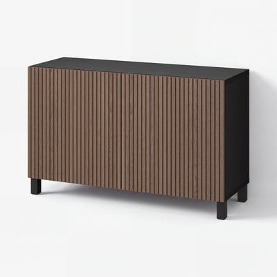 BESTÅ Storage combination with doors, black-brown Björköviken/Stubbarp/brown stained oak veneer, 120x42x74 cm