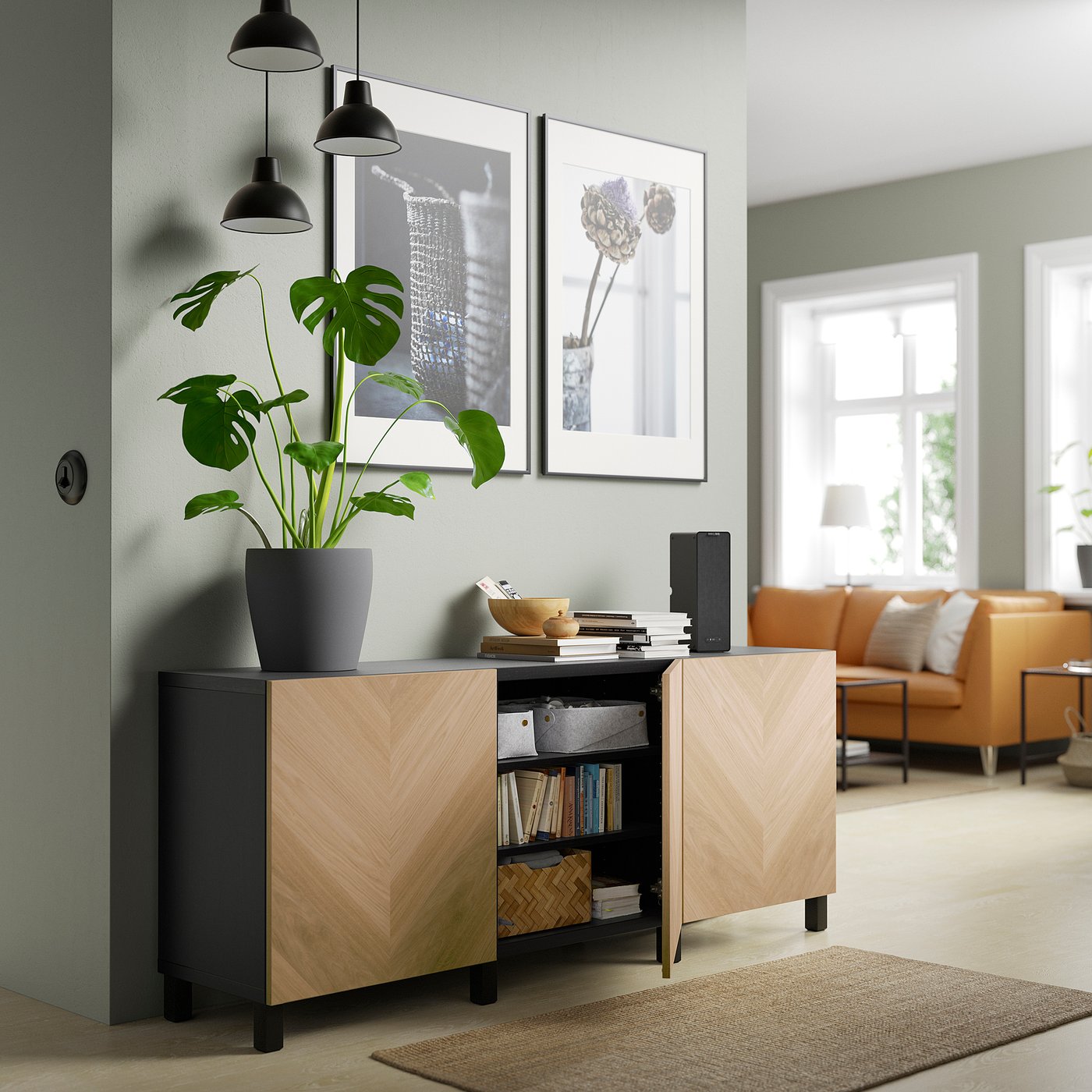 BESTÅ storage combination with doors, black-brown/Hedeviken