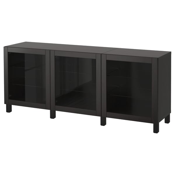 Black BESTÅ storage unit - rectangular, glass doors, wood legs.