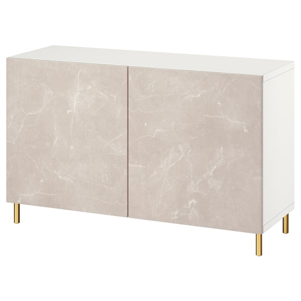 BESTÅ Storage combination with doors, white Bergsviken/Ösarp/beige marble effect, 120x42x74 cm