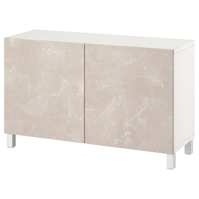 A white BESTÅ sideboard with beige marble-patterned doors and metallic legs. It is a modern, rectangular storage unit.