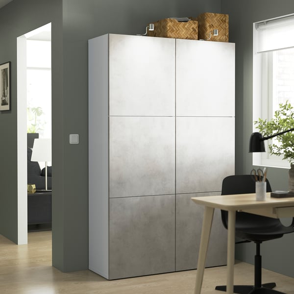 BESTÅ Storage combination with doors, white Kallviken/light grey concrete effect, 120x42x193 cm