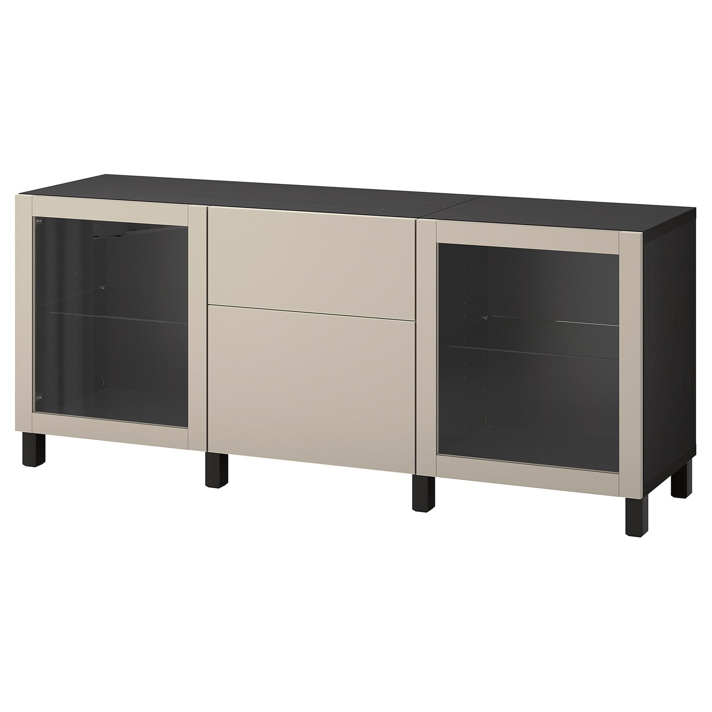 BESTÅ Storage combination with drawers, black-brown Lappviken/Stubbarp/light grey-beige clear glass, 180x42x74 cm (70 7/8x16 1/2x29 1/8 ")