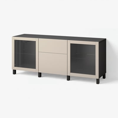 BESTÅ Storage combination with drawers, black-brown Lappviken/Stubbarp/light grey-beige clear glass, 180x42x74 cm