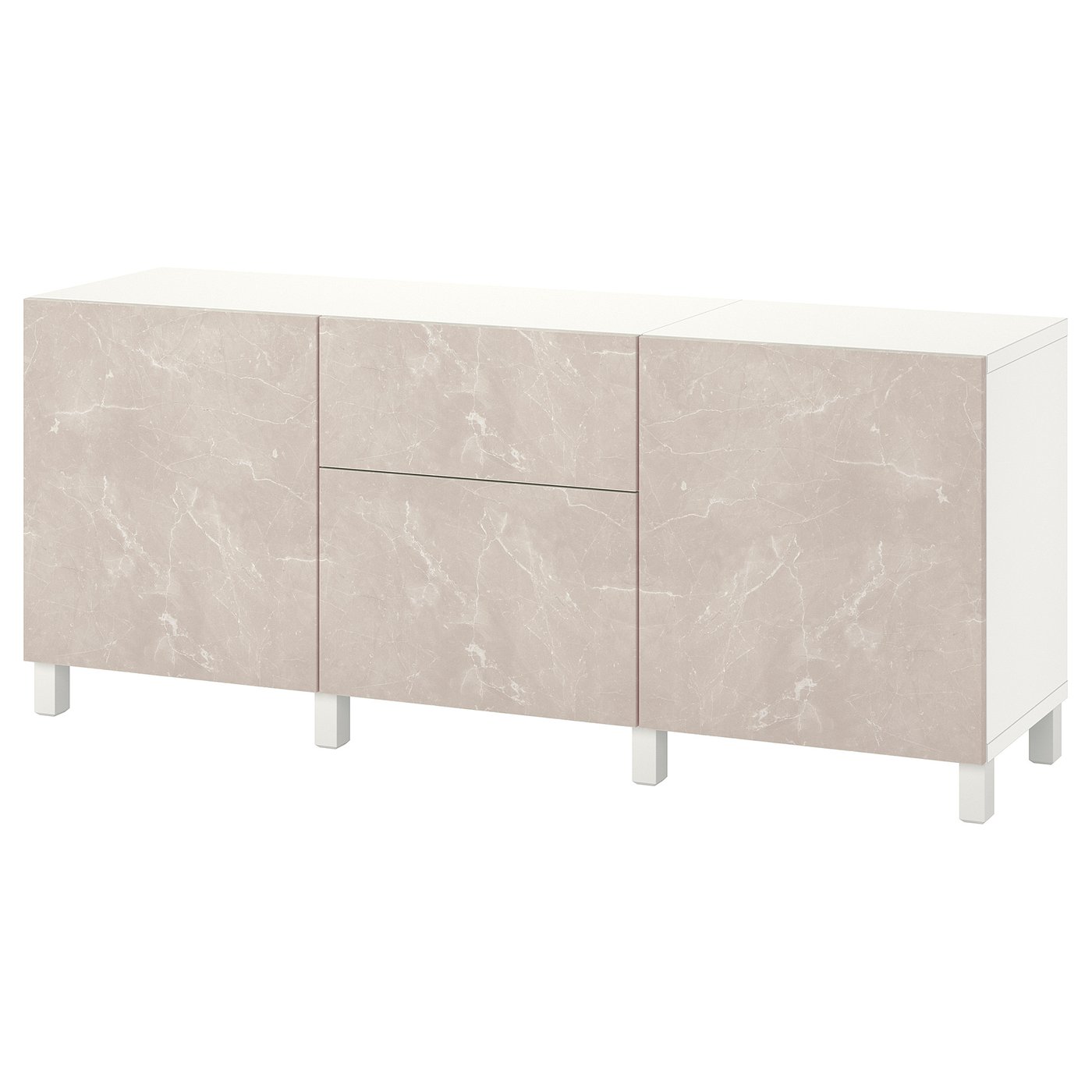 BESTÅ Storage combination with drawers, white Bergsviken/Stubbarp/beige marble effect, 180x42x74 cm (70 7/8x16 1/2x29 1/8 ")