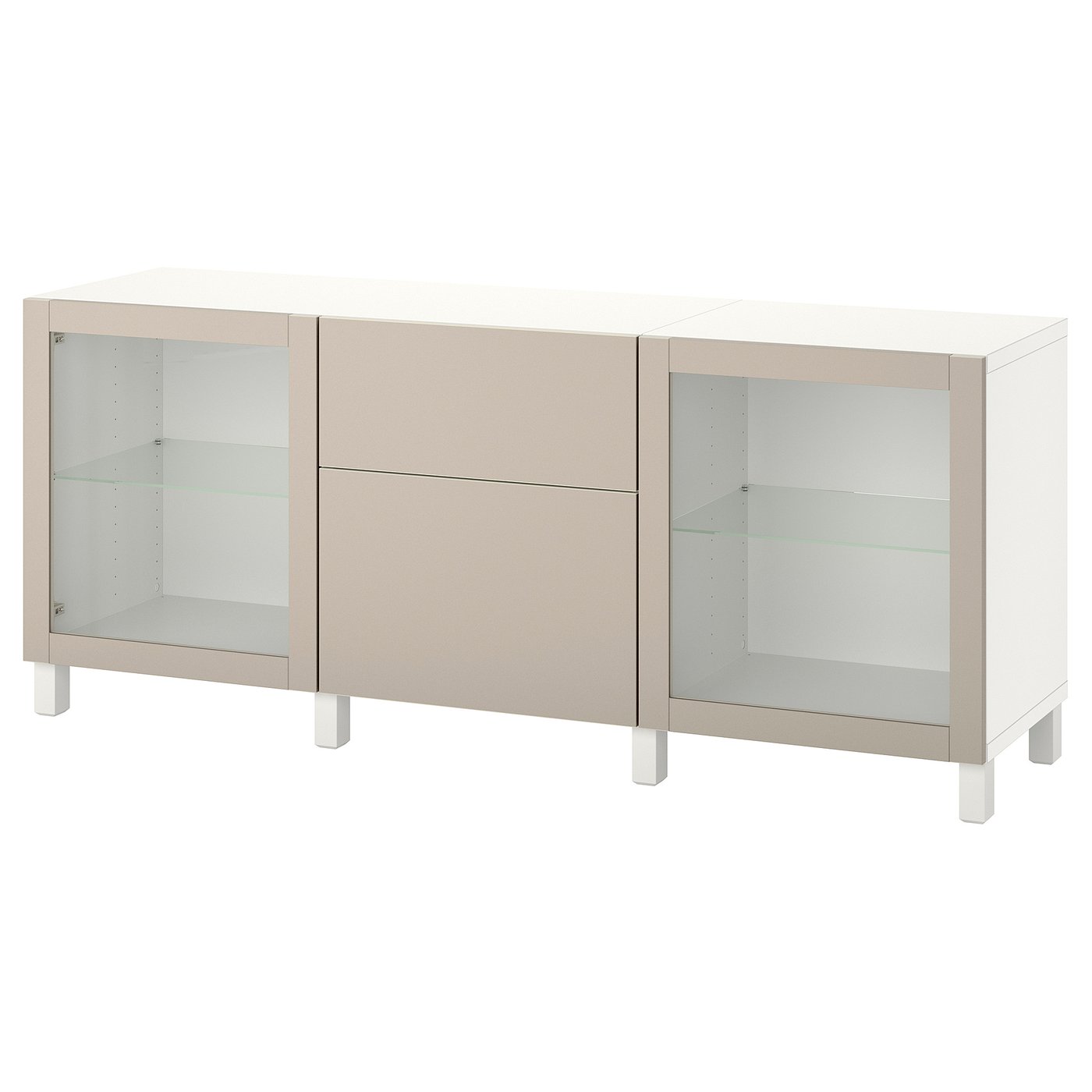 BESTÅ Storage combination with drawers, white Lappviken/Stubbarp/light grey-beige clear glass, 180x42x74 cm (70 7/8x16 1/2x29 1/8 ")