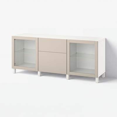 BESTÅ Storage combination with drawers, white Lappviken/Stubbarp/light grey-beige clear glass, 180x42x74 cm