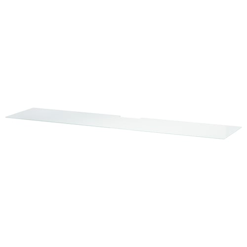 White glass BESTÅ shelf top for storage, sleek and durable for tv benches, with cable outlet.