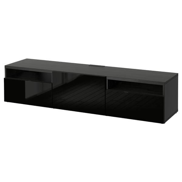 Black rectangular tv stand with two large drawers and storage compartments, sleek modern design.