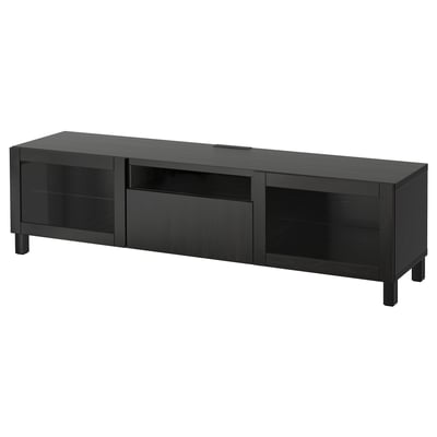 BESTÅ TV bench, Lappviken/Sindvik black-brown clear glass, 180x42x48 cm