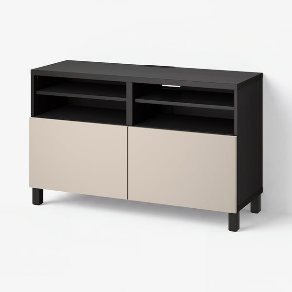 BESTÅ TV bench with doors, black-brown/Lappviken/Stubbarp light grey/beige, 120x42x74 cm