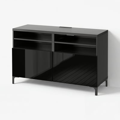 BESTÅ TV bench with doors, black-brown/Selsviken/Nannarp high-gloss/black, 120x42x74 cm