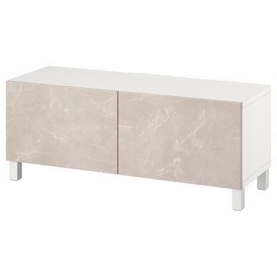 BESTÅ TV bench with doors, white Bergsviken/Stubbarp/beige, 120x42x48 cm