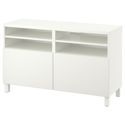 White BESTÅ tv stand, modern design with open shelves, perfect for organising and hiding cables.