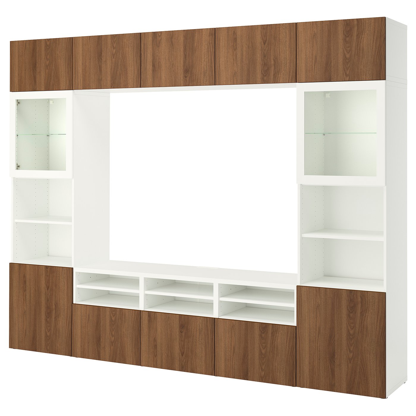 BESTÅ TV storage combination/glass doors, white Lappviken/brown walnut effect, 300x42x231 cm (118 1/8x16 1/2x91 ")