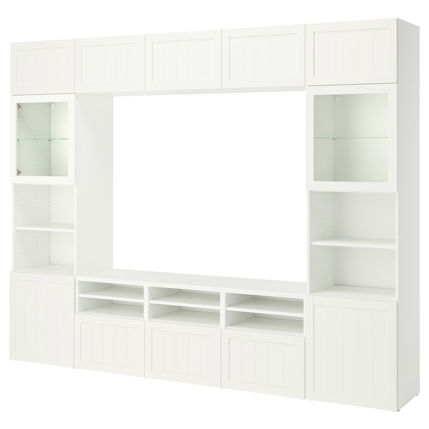 BESTÅ TV storage combination/glass doors, white/Pipmakare white, 300x42x231 cm (118 1/8x16 1/2x91 ")